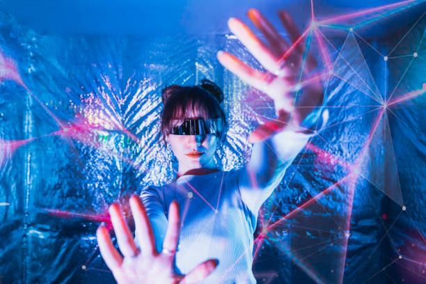 istock Woman in eyeglasses creating modern web system on hologram screen display. Cyber security data protection technology privacy concept. Futuristic user interface concept. Graphical User Interface, GUI. 1492707677