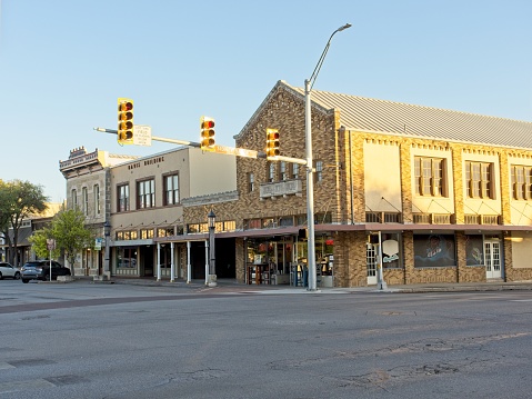 Kerrville, TX - USA, April 27, 2023. Shops along main street in downtown Kerrville Texas