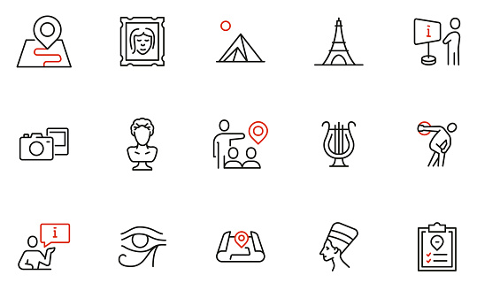 Vector Set of Linear Icons Related to Exhibition, Museum and Art Gallery. Mono Line Pictograms and Infographics Design Elements - part 2