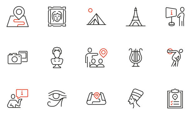 Vector Set of Linear Icons Related to Exhibition, Museum and Art Gallery. Mono Line Pictograms and Infographics Design Elements - part 2 Vector Set of Linear Icons Related to Exhibition, Museum and Art Gallery. Mono Line Pictograms and Infographics Design Elements - part 2 gallery opening stock illustrations