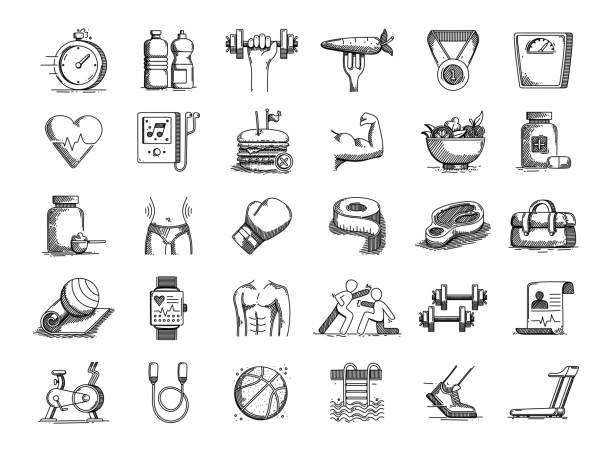 휘트니스와 건강 손으로 그린 벡터 낙서 라인 아이콘 세트 - weights boxing glove stopwatch symbol stock illustrations