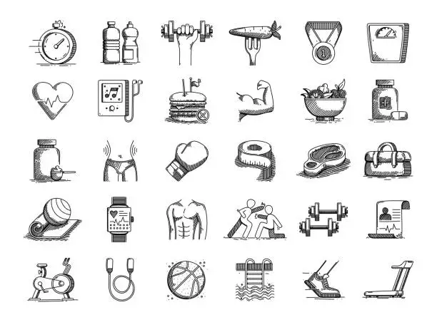 Vector illustration of Fitness and Health Hand Drawn Vector Doodle Line Icon Set
