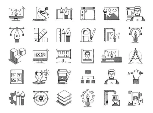 Vector illustration of Graphic Design Hand Drawn Vector Doodle Line Icon Set