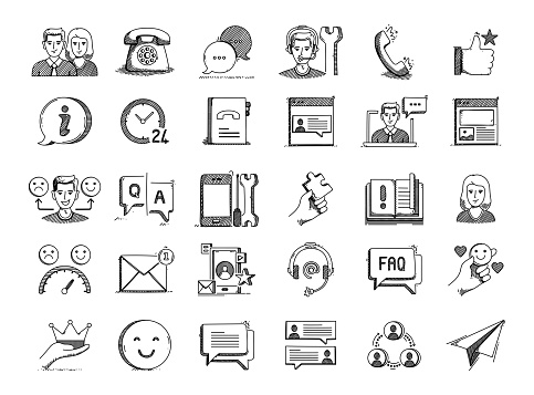 Help and Support Hand Drawn Vector Doodle Line Icon Set