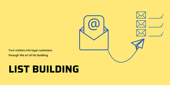 List Building Banner on Yellow Background. Stylish Email Marketing Banner with Black Text and Blue Icons for Business and Marketing