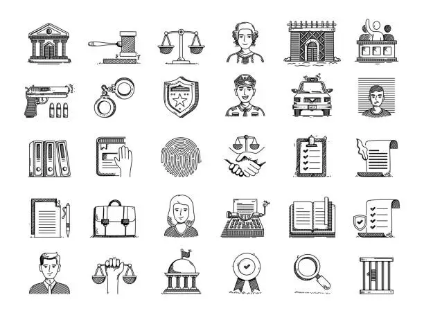 Vector illustration of Law and Justice Hand Drawn Vector Doodle Line Icon Set