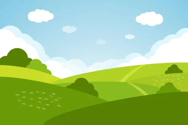 Vector illustration of Valley landscape. Cartoon meadow landscape with grass.