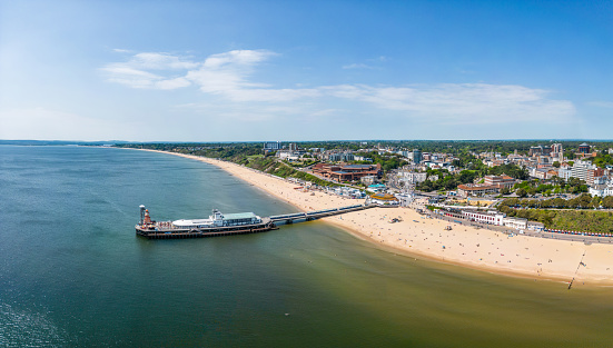 Aerial view of Bournemouth Pier and sandy beach