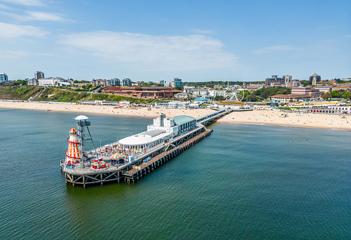 Aerial view of funfair rides on the end of Bournemouth Pier