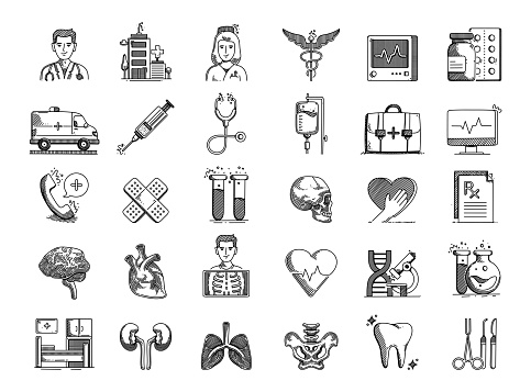 Medicine and Healthcare Hand Drawn Vector Doodle Line Icon Set