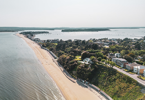 Aerial view from Canford Cliffs towards Sandbanks, with Brownsaea Island