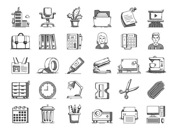 büro und arbeitsbereich hand gezeichnete vektor doodle linie icon set - secretary of state stock-grafiken, -clipart, -cartoons und -symbole