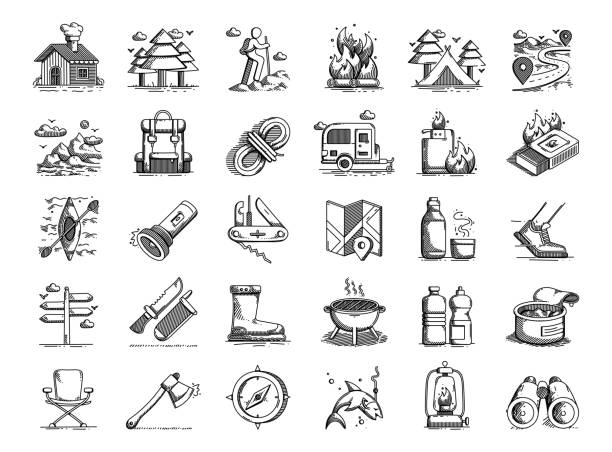 outdoor-erholung handgezeichnete vektor-doodle-linien-icon-set - computer icon symbol water bottle icon set stock-grafiken, -clipart, -cartoons und -symbole