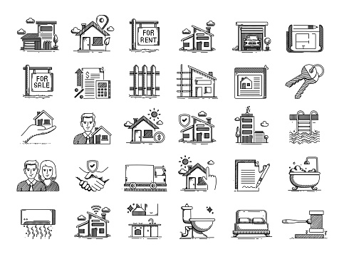 Real Estate Hand Drawn Vector Doodle Line Icon Set