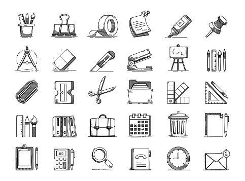 Stationery Hand Drawn Vector Doodle Line Icon Set