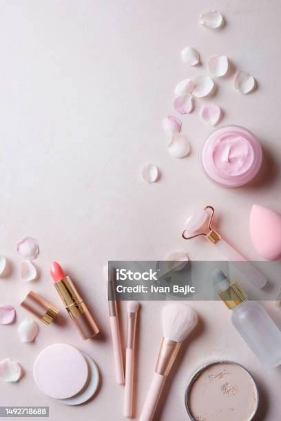 Pastel Makeup Equipments Stock Photo - Download Image Now - Face Serum, High Angle View, Ingredient