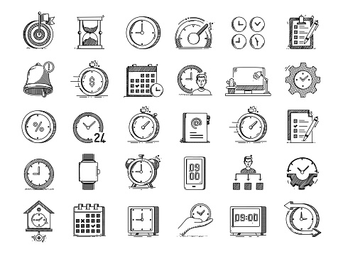 Time Management Hand Drawn Vector Doodle Line Icon Set