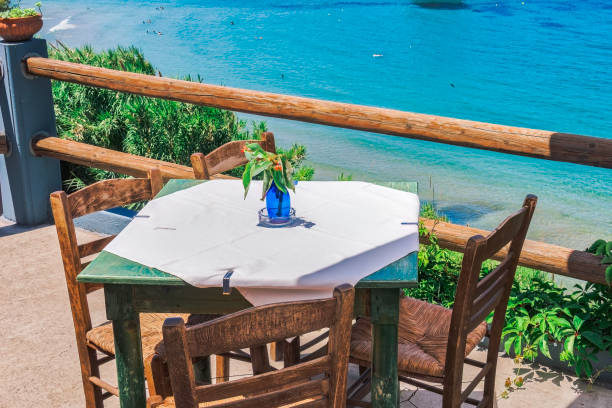 istock Empty tavern restaurant with wooden chairs and a table by a calm seafront on a bright summer day. 1492719255