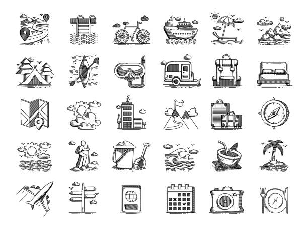 Travel and Holiday Hand Drawn Vector Doodle Line Icon Set Travel and Holiday Hand Drawn Vector Doodle Line Icon Set cruise ship cruise passport map stock illustrations
