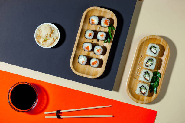 Sushi on a bright, colored background.