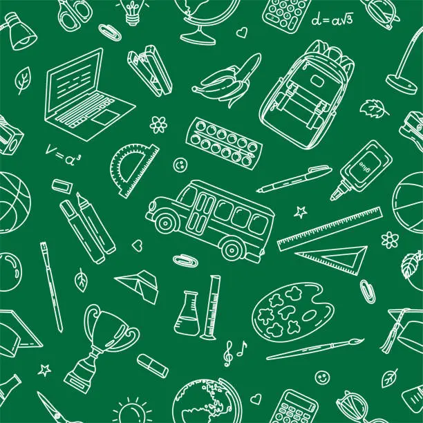 Vector illustration of Seamless pattern of school supplies in doodle style. Vector pattern on the school theme