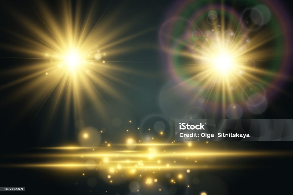 밝은 조명 효과의 집합입니다 밝고 아름 다운 별입니다 Rays of Sunshine Concert에 대한 스톡 벡터 아트 및 ...