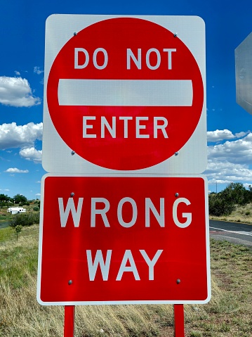 Wrong way sign at the on ramp in Ash Fork, Arizona
