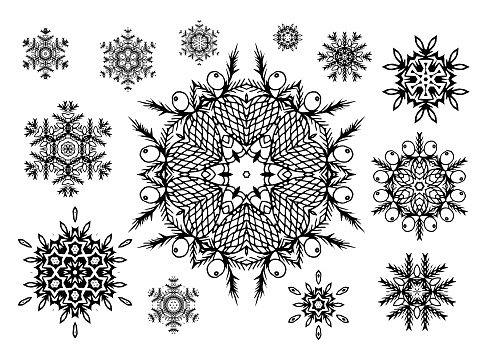 Snowflakes set. Christmas elements. Nine winter snowflakes isolated on white background. Vector illustration.