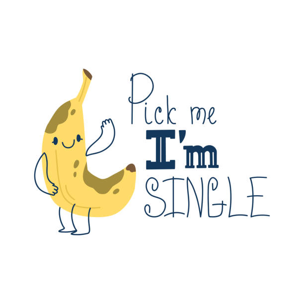 ilustrações, clipart, desenhos animados e ícones de personagem de banana madura sorridente com canetas de linha e letras pick me i am single - banana peeled banana peel white background