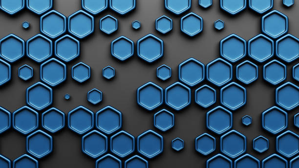 Blue digital technological hexagon cells on the black background. Global Communications and Big Data technology 3d abstract illustration.