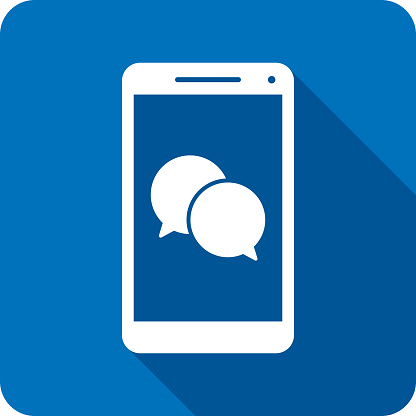 Vector illustration of a smartphone with two speech bubble icons against a blue background in flat style.