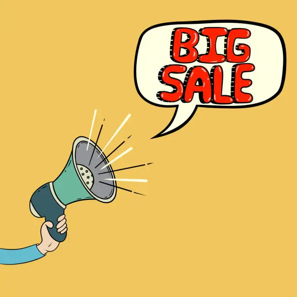 Vector illustration of Big Sale Word on Speech Bubble, Hand Holding a Megaphone Retro Style