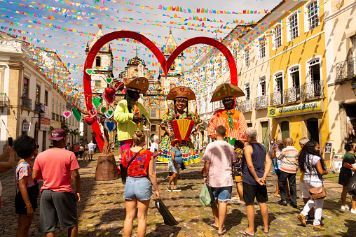 Salvador, Bahia, Brazil - June 16, 2022: Streets of Pelourinho are decorated with colorful flags for the feast of Sao Joao, in Salvador, Bahia.