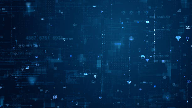 istock Blue data matrix simulation digital grid line and ai technology icon with futuristic HUD screen on blue abstract background 1492731912