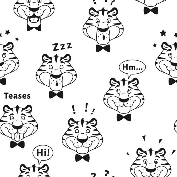 Vector illustration of Black and white outline tiger seamless pattern. Cute cartoon animal character head for kids background wallpaper art. Coloring book page design. Wrapping paper fabric repeat tile vector illustration.