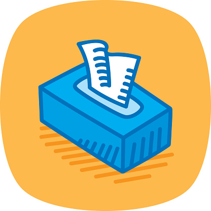Vector illustration of a hand drawn blue box of tissues against orange background.