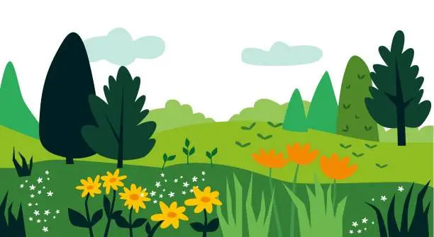 Vector illustration of Gradient plant landscape. Minimal flat leaves design, color gradation cartoon background, forest plants. Vector floral