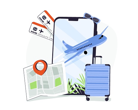 Mobile phone with ticket for flight airplane, suitcase, tourism and travel planning with flight plane. Travel booking and service. Modern icon vector airplane with phone in hand illustration