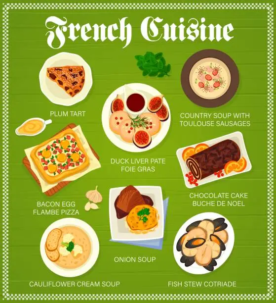 Vector illustration of French cuisine menu, food of France for restaurant