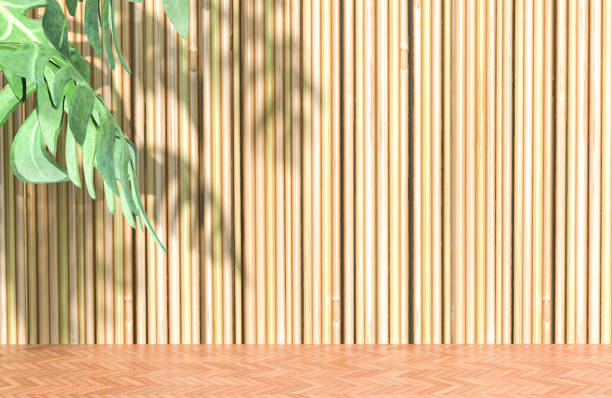 istock Fern foliage leaf shadow on stylized bamboo wall background and wooden parquet floor for sundries and product display. 3d render. 1492740457