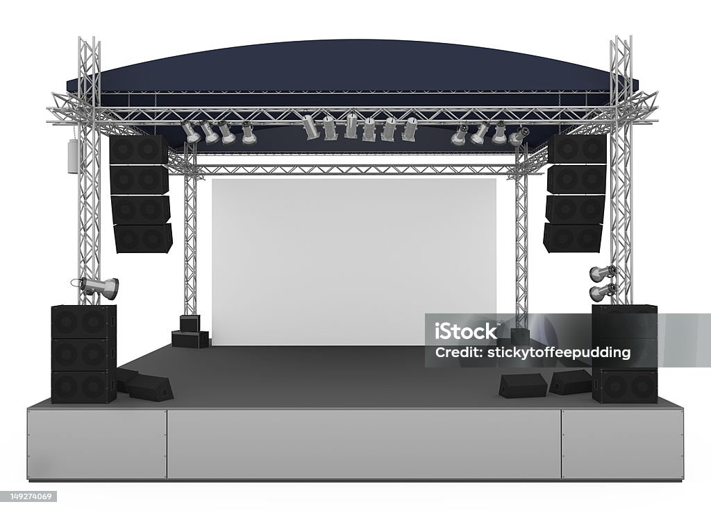 Large concert stage on a white background Front view of outdoor gig stage with professional lighting and sound stage equipment and a blank screen. 3D rendered illustration. Stage - Performance Space Stock Photo