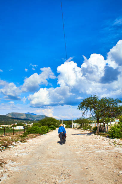 Zimapan, Hidalgo Mexico, march 16 2023,man walking in rural way in their job at sunny day with mountains in the background