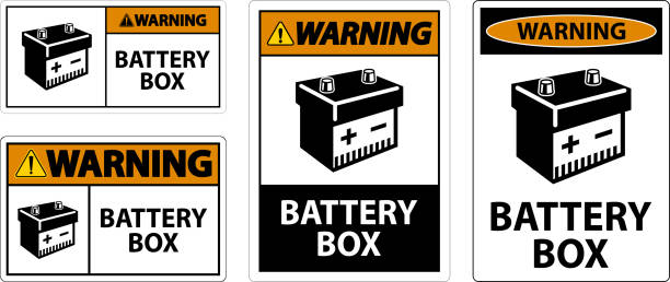 白い背景にアイコンサイン付きの警告バッテリーボックス - fuel and power generation aa battery reusable点のイラスト素材／クリップアート素材／マンガ素材／アイコン素材