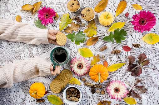 A flat lay of woman's sleeves wearing a white sweater having breakfast, with her leaf collection in autumn