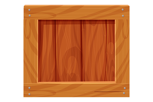Wooden box, delivery container in cartoon style, game asset isolated on white background. Wood packing, open textured. Vector illustration