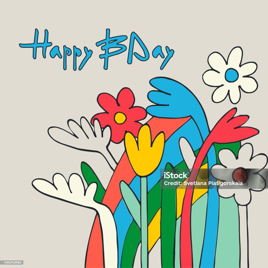 생일 축하 인사말 카드 디자인입니다 꽃다발을 든 손 0명에 대한 스톡 벡터 아트 및 기타 이미지 - 0명, 귀여운, 기념일 ...