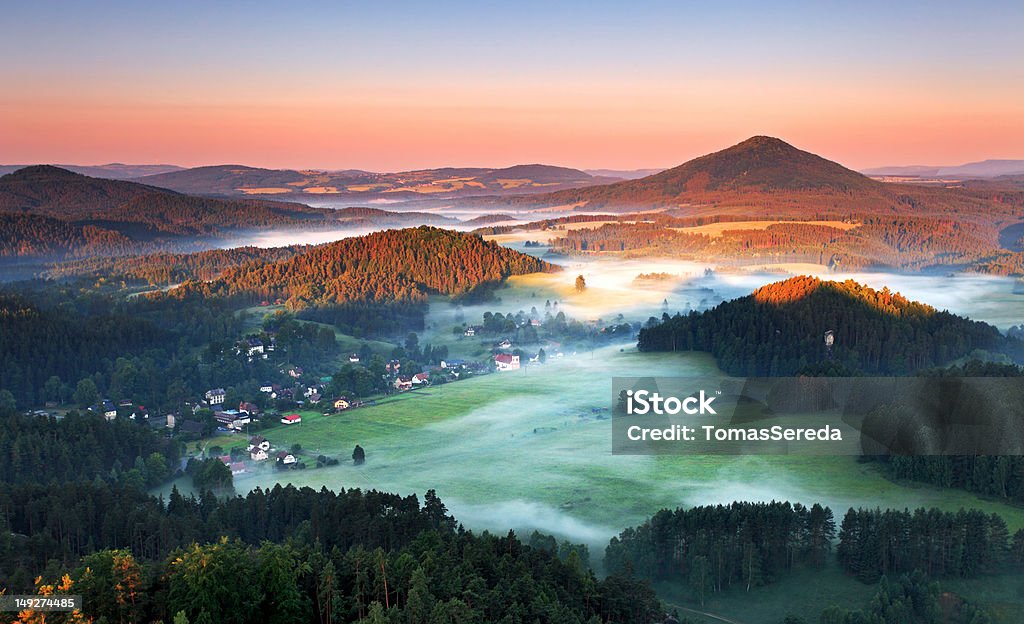 Beautiful sunrise landscape of Saxony mountain in Czech republic Beautiful landscape of Saxony mountain in Czech republic Aerial View Stock Photo