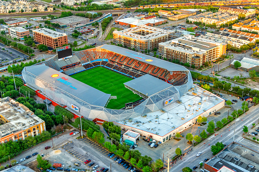 Houston, United States - April 13, 2023:  Aerial view of the Shell Energy Stadium, the home of Major League Soccer's Houston Dynamo located in the East End neighborhood also known as Eado, just east of downtown.
