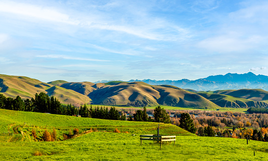 Green rolling hills and valleys of agricultural farmland  with the tall mountain range in the background