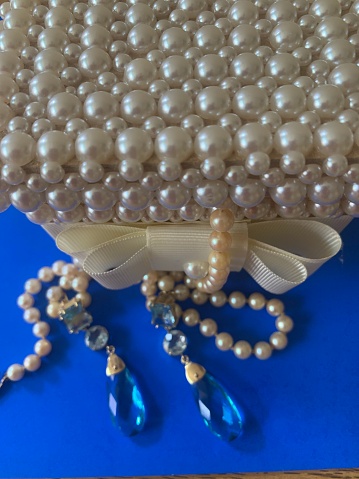 Box with pearl lid and earrings with blue Stones .